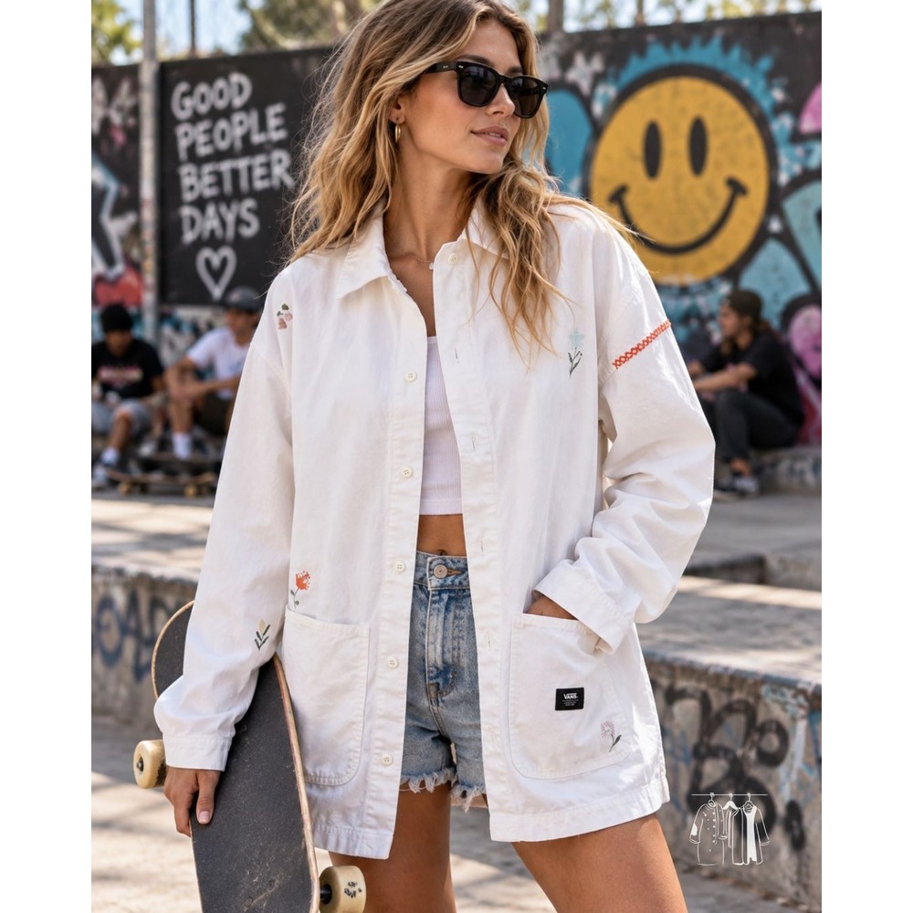 Vans Chore Jacket Womens M/L White Canvas Floral Embroidered Long Shacket Coat